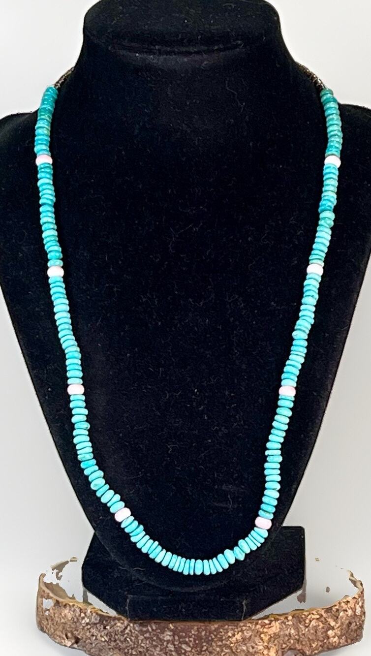 Turquoise Pink Conch & Shell Heishi Beaded Sterling Silver Necklace Southwestern